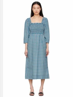 GIANNI Smocked Square Neck Blue Plaid Midi‎ Dress COTTAGECORE
